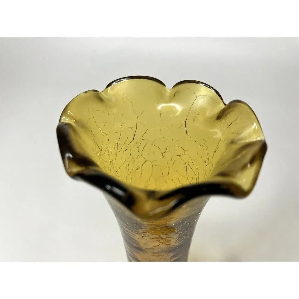 Vtg Amber Crackle Art Glass Bud Vase 8